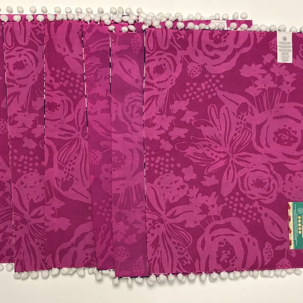 4 Pioneer Woman Placemats Celia Pom Pom 14x19 Reversible Cobalt Blue Pink Floral - Picture 2 of 9
